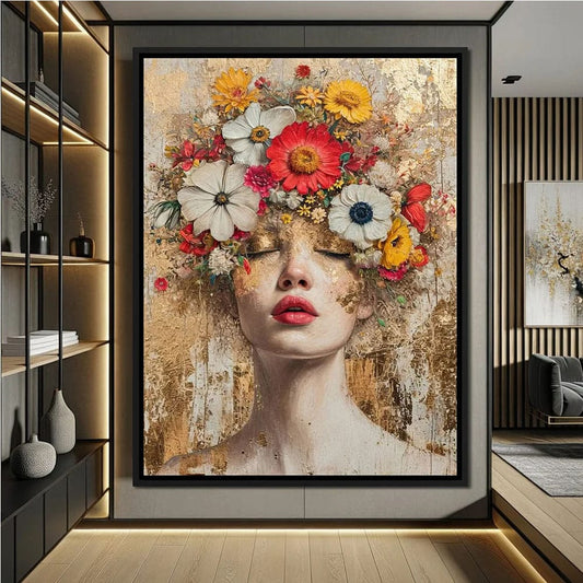 Ritratto di donna con cappello elegante, occhi nascosti da fiori vivaci, atmosfera misteriosa e poetica.
