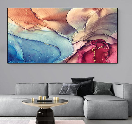 Quadro su tela astratto per arredare il soggiorno con tonalita di rosa e BLu