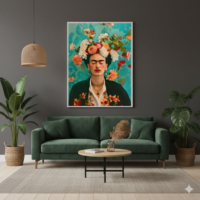 Quadro su tela Frida Kahlo intitolato Sogno Floreale di Frida, con un ritratto della pittrice circondata da vivaci stampe su tela floreali e motivi esotici, perfetto per arredare con personalità.