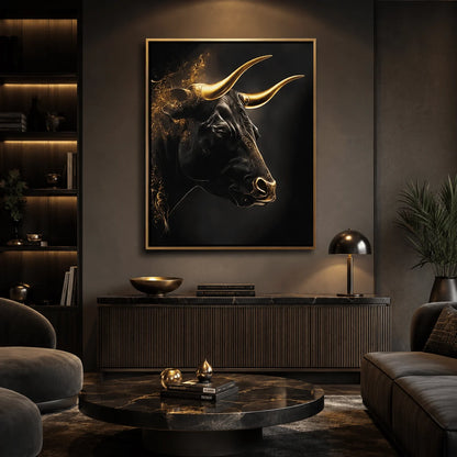 Quadro su tela 'Golden Bull' con immagine di un toro dorato su sfondo scuro, ideale per un arredamento moderno e sofisticato.