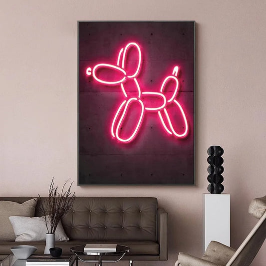 Quadro su tela 'Cane Palloncino Neon' con design divertente e moderno, ideale per arredare con un tocco di colore e originalità