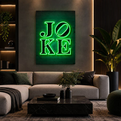 Quadro Joke Neon con scritta verde luminosa effetto neon su fondo scuro, stampa su tela in ambiente moderno