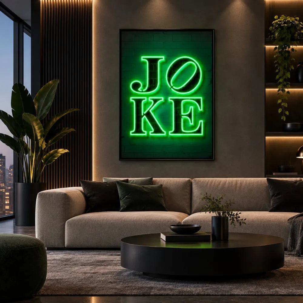 Quadro con scritta JOKE effetto neon verde per arredamento moderno e ambienti di design