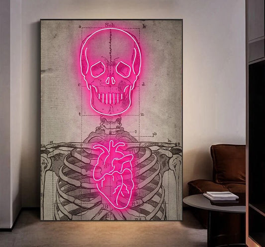 Quadro su tela 'Scheletro Neon' con design innovativo e neon, ideale per arredare con un tocco di originalità e modernità.