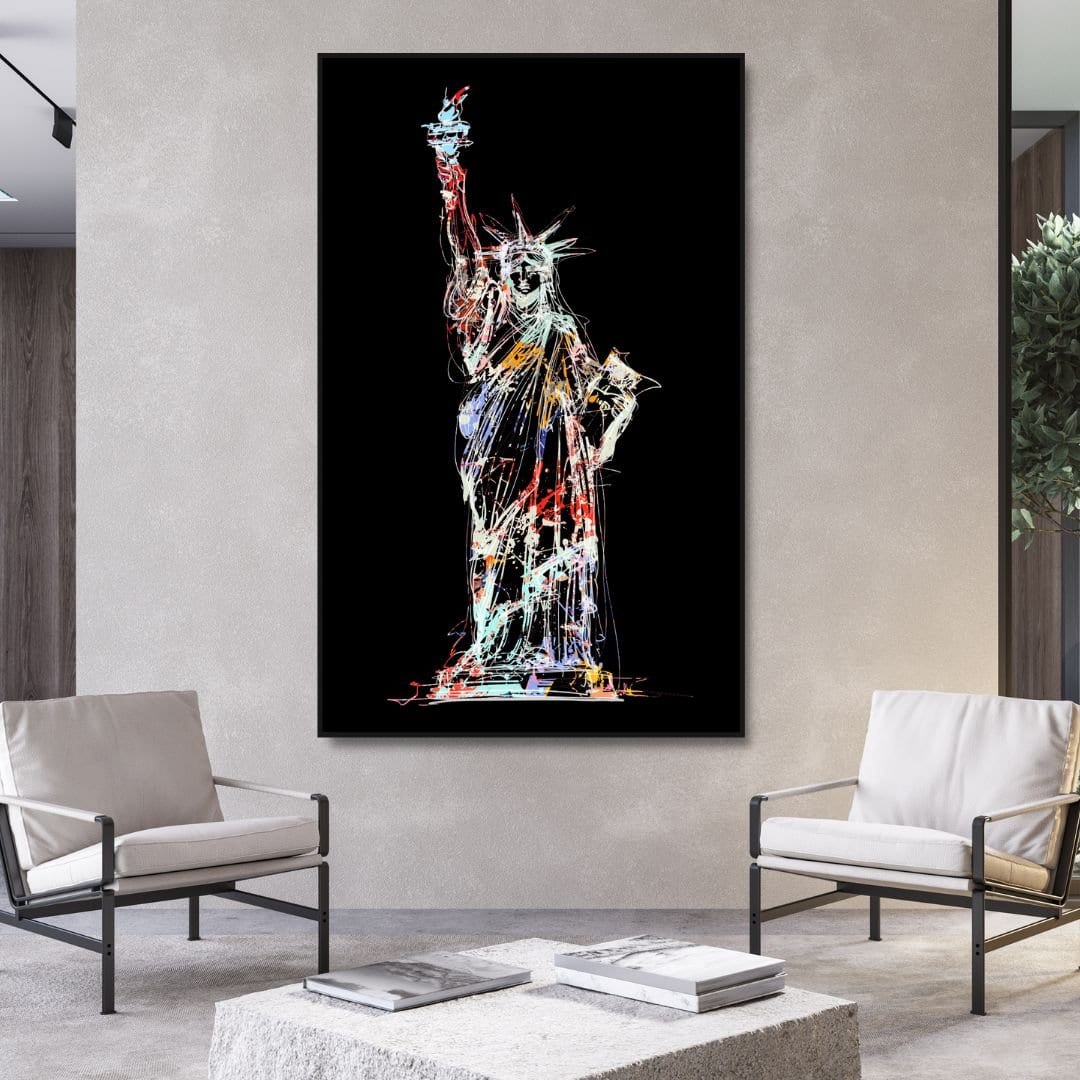 Quadro su tela raffigurante la Statua della Libertà con graffiti colorati, stile street art moderno e vivace, perfetto per arredamenti urban