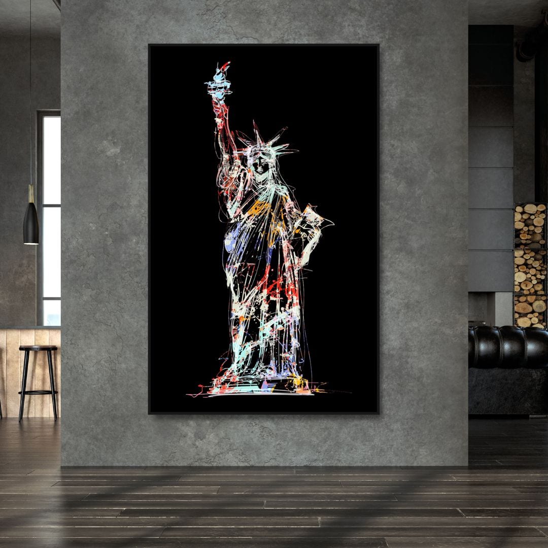 Quadro su tela raffigurante la Statua della Libertà con graffiti colorati, stile street art moderno e vivace, perfetto per arredamenti urban