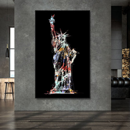 Quadro su tela raffigurante la Statua della Libertà con graffiti colorati, stile street art moderno e vivace, perfetto per arredamenti urban