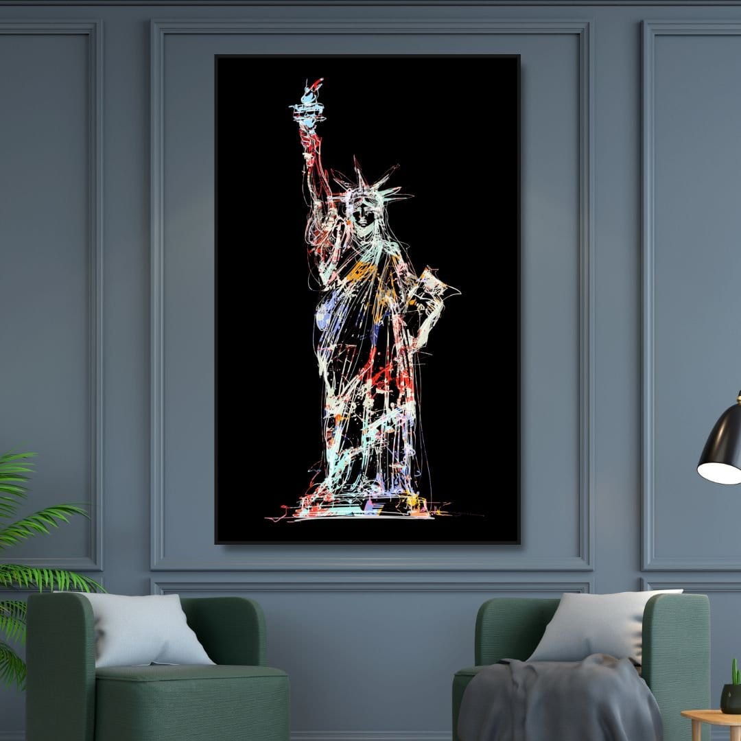 Quadro su tela raffigurante la Statua della Libertà con graffiti colorati, stile street art moderno e vivace, perfetto per arredamenti urban