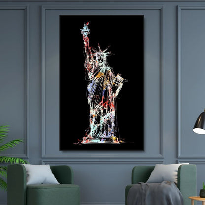 Quadro su tela raffigurante la Statua della Libertà con graffiti colorati, stile street art moderno e vivace, perfetto per arredamenti urban