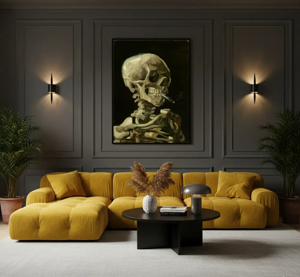 teschio con sigaretta van gogh quadro su tela quadri moderni per soggiorno stile dark moderno design