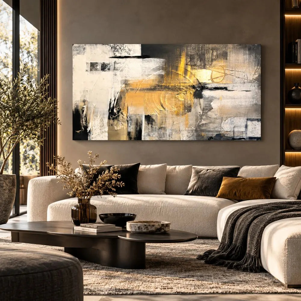 Tonalità Vibranti quadro moderno su tela astratto con pennellate oro, bianco, nero e grigio, ideale per arredare un soggiorno moderno ed elegante