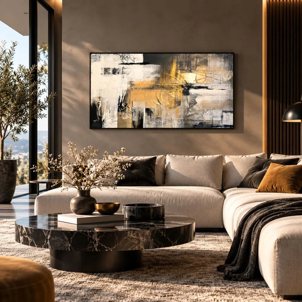Tonalità Vibranti quadro moderno su tela con cornice  nera astratto con pennellate oro, bianco, nero e grigio, ideale per arredare un soggiorno moderno ed elegante