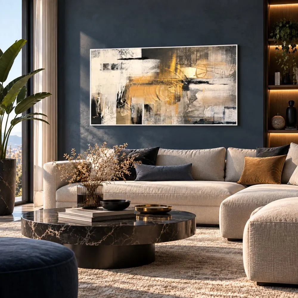 Tonalità Vibranti quadro moderno su tela con cornice bianca astratto con pennellate oro, bianco, nero e grigio, ideale per arredare un soggiorno moderno ed elegante