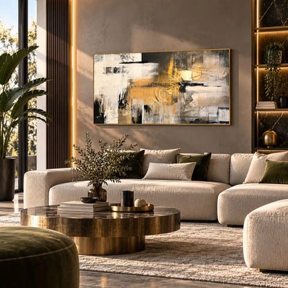 Tonalità Vibranti quadro moderno su tela con cornice oro astratto con pennellate oro, bianco, nero e grigio, ideale per arredare un soggiorno moderno ed elegante
