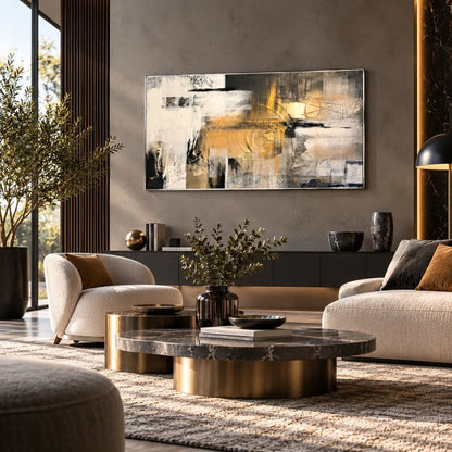 Tonalità Vibranti quadro moderno su tela con cornice oro astratto con pennellate oro, bianco, nero e grigio, ideale per arredare un soggiorno moderno ed elegante