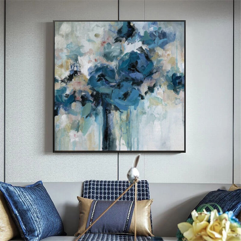 Quadro con fiori stilizzati in diverse sfumature di blu