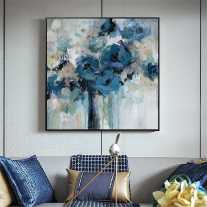Quadro con fiori stilizzati in diverse sfumature di blu