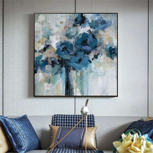 Quadro con fiori stilizzati in diverse sfumature di blu