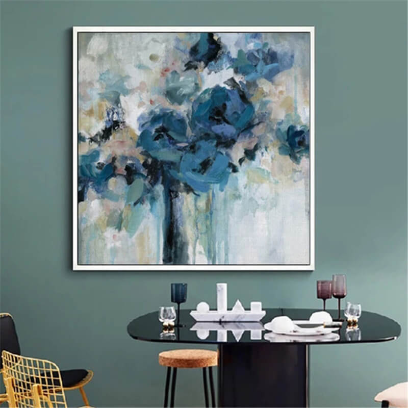 Quadro con fiori stilizzati in diverse sfumature di blu