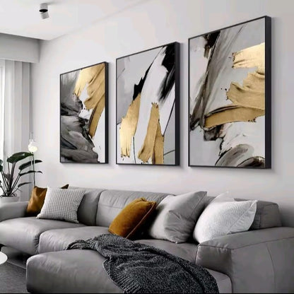 Trittico Lusso Minimal: quadro astratto geometrico nero oro con contrasti di bianco, grigio marmo e dettagli dorati. Trittico moderno design lusso per salotto o studio.