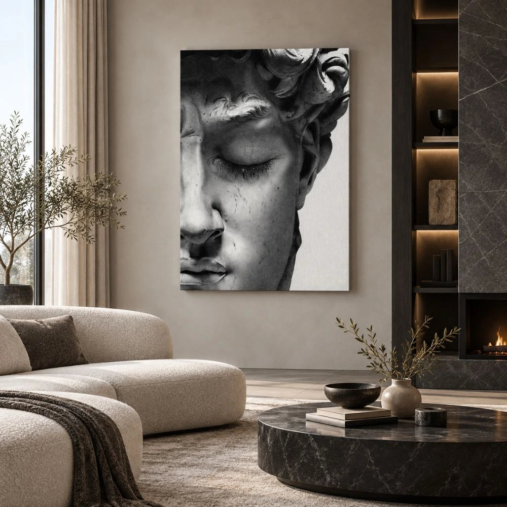 Quadro su tela Volto David di Michelangelo, una rappresentazione artistica del celebre volto della scultura rinascimentale con occhio chiuso, simbolo di bellezza e perfezione.