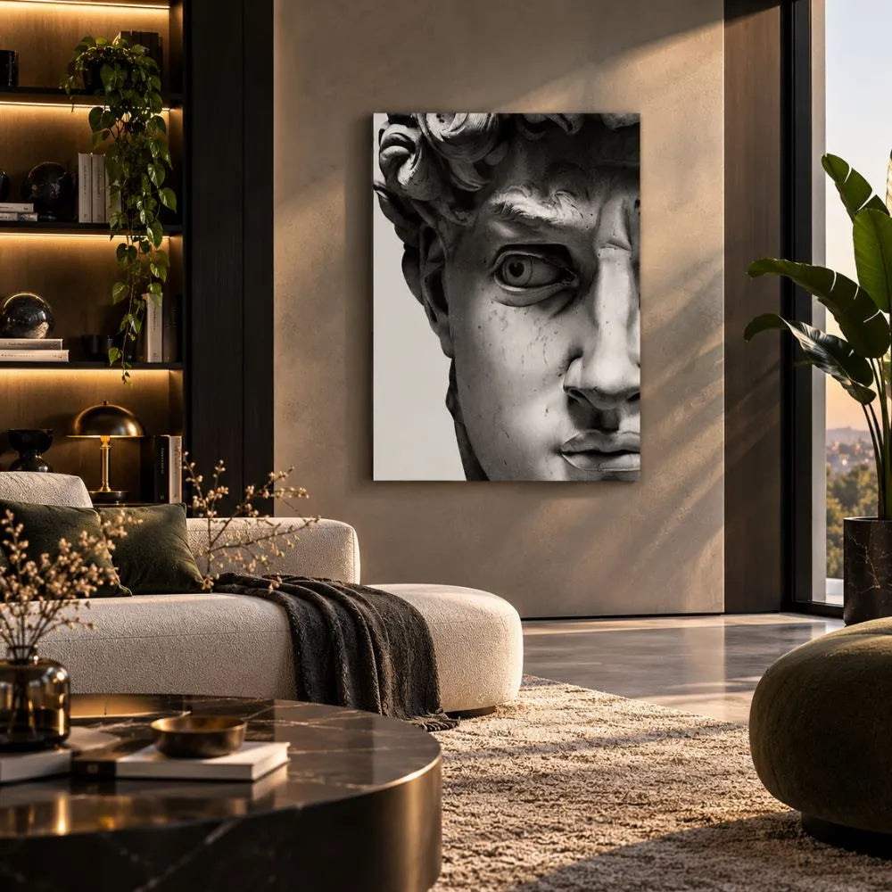 Quadro su tela Volto David di Michelangelo, una rappresentazione artistica del celebre volto della scultura rinascimentale con occhio aperto, simbolo di bellezza e perfezione.
