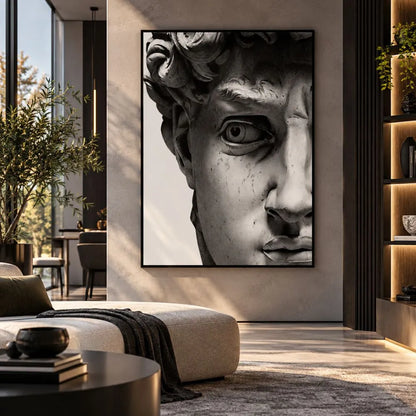 Quadro su tela con cornice nera
minimal Volto David di Michelangelo, una rappresentazione artistica del celebre volto della scultura rinascimentale con occhio aperto, simbolo di bellezza e perfezione.