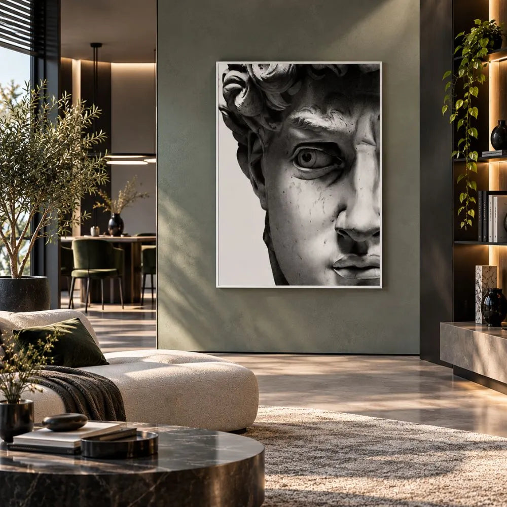 Quadro su tela con cornice bianca
minimal Volto David di Michelangelo, una rappresentazione artistica del celebre volto della scultura rinascimentale con occhio aperto, simbolo di bellezza e perfezione.