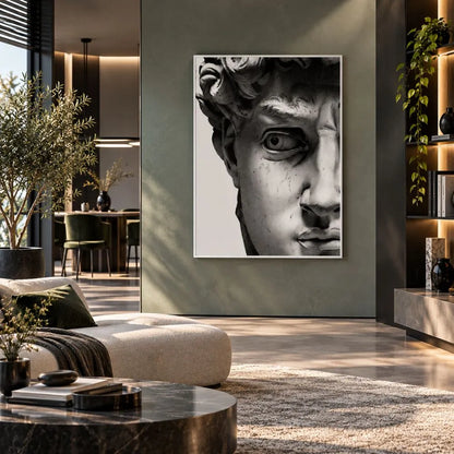 Quadro su tela con cornice bianca
minimal Volto David di Michelangelo, una rappresentazione artistica del celebre volto della scultura rinascimentale con occhio aperto, simbolo di bellezza e perfezione.
