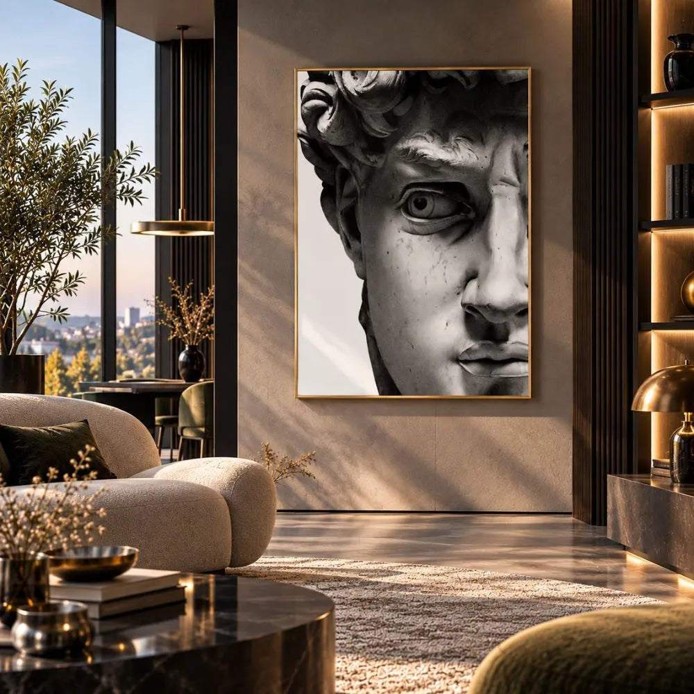 Quadro su tela con cornice oro
minimal Volto David di Michelangelo, una rappresentazione artistica del celebre volto della scultura rinascimentale con occhio aperto, simbolo di bellezza e perfezione.