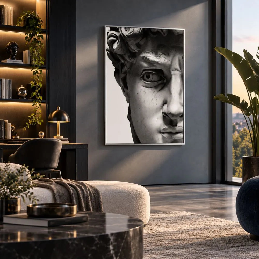 Quadro su tela con cornice argento
minimal Volto David di Michelangelo, una rappresentazione artistica del celebre volto della scultura rinascimentale con occhio aperto, simbolo di bellezza e perfezione.
