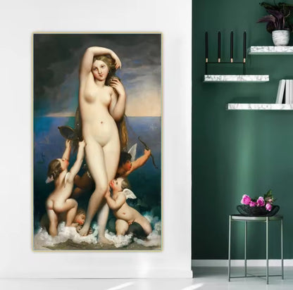 Venere Anadiomene Ingres: stampa su tela arte classica che ritrae la Venere nascente. La composizione verticale e la posa pudica incarnano il quadro Neoclassicismo Venere di Jean-Auguste-Dominique Ingres.