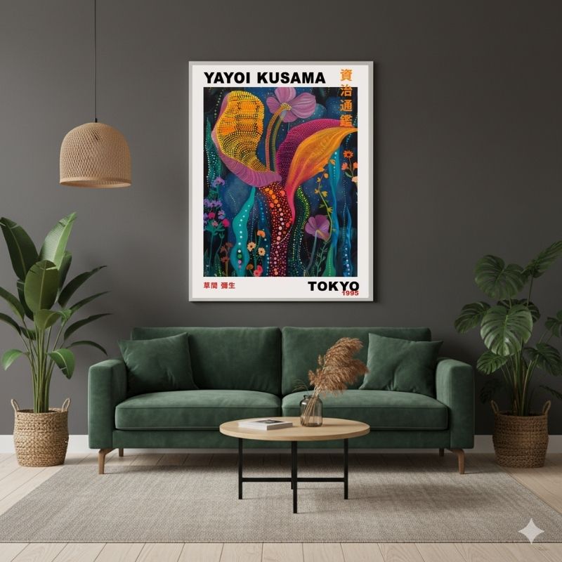 Visioni Floreali a Pois Yayoi Kusama: quadro Pop Art floreale con fiori colorati e motivi a stampa su tela a pois rossi, tipico dell'arte vibrante di Kusama.