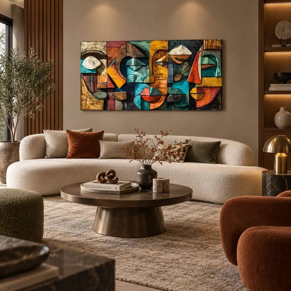 Volti Frammentati quadro moderno su tela con volti astratti geometrici e colori vivaci, ideale per arredare un soggiorno moderno