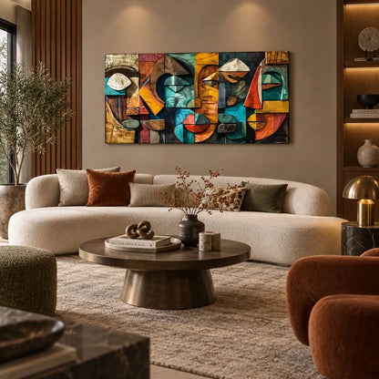 Volti Frammentati quadro moderno su tela con volti astratti geometrici e colori vivaci, ideale per arredare un soggiorno moderno