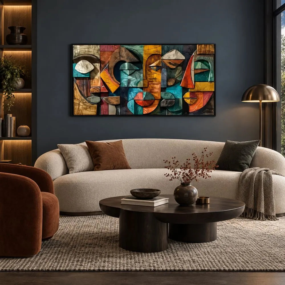 Volti Frammentati quadro moderno su tela con cornice nera con volti astratti geometrici e colori vivaci, ideale per arredare un soggiorno moderno