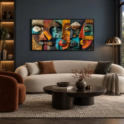 Volti Frammentati quadro moderno su tela con cornice nera con volti astratti geometrici e colori vivaci, ideale per arredare un soggiorno moderno