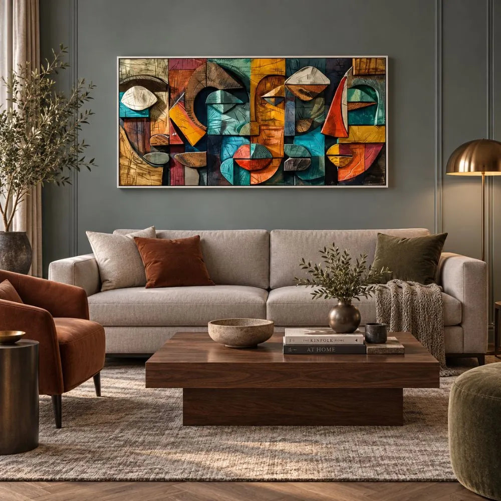 Volti Frammentati quadro moderno su tela con cornice bianca con volti astratti geometrici e colori vivaci, ideale per arredare un soggiorno moderno