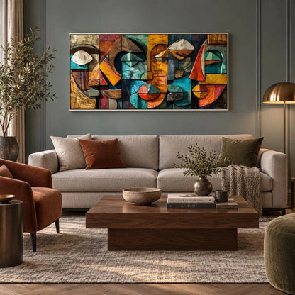 Volti Frammentati quadro moderno su tela con cornice bianca con volti astratti geometrici e colori vivaci, ideale per arredare un soggiorno moderno