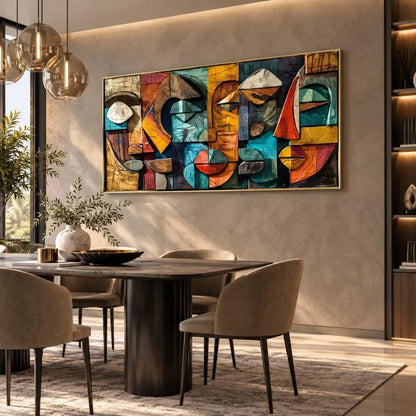 Volti Frammentati quadro moderno su tela con cornice oro con volti astratti geometrici e colori vivaci, ideale per arredare un soggiorno moderno