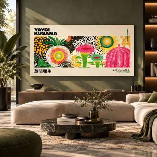Energia Vitale Infinita di Yayoi Kusama, quadro su tela con fiori colorati, zucca rosa e motivi a pois, ideale per arredare un soggiorno moderno
