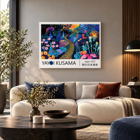 Quadro Yayoi Kusama Giardino Incantato: quadro su tela arte contemporanea con motivi a pois e colorati fiori in stile pop-art. Quadro fiori a pois per ambienti moderni.