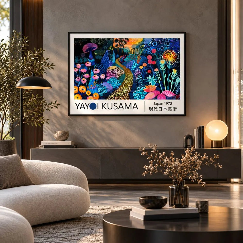 Quadro Yayoi Kusama Giardino Incantato: quadro su tela con cornice nera arte contemporanea con motivi a pois e colorati fiori in stile pop-art. Quadro fiori a pois per ambienti moderni.