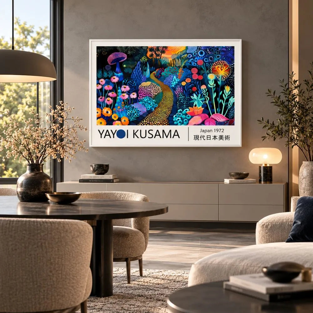 Quadro Yayoi Kusama Giardino Incantato: quadro su tela con cornice bianca arte contemporanea con motivi a pois e colorati fiori in stile pop-art. Quadro fiori a pois per ambienti moderni.