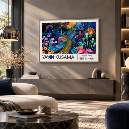 Quadro Yayoi Kusama Giardino Incantato: quadro su tela con cornice argento arte contemporanea con motivi a pois e colorati fiori in stile pop-art. Quadro fiori a pois per ambienti moderni.