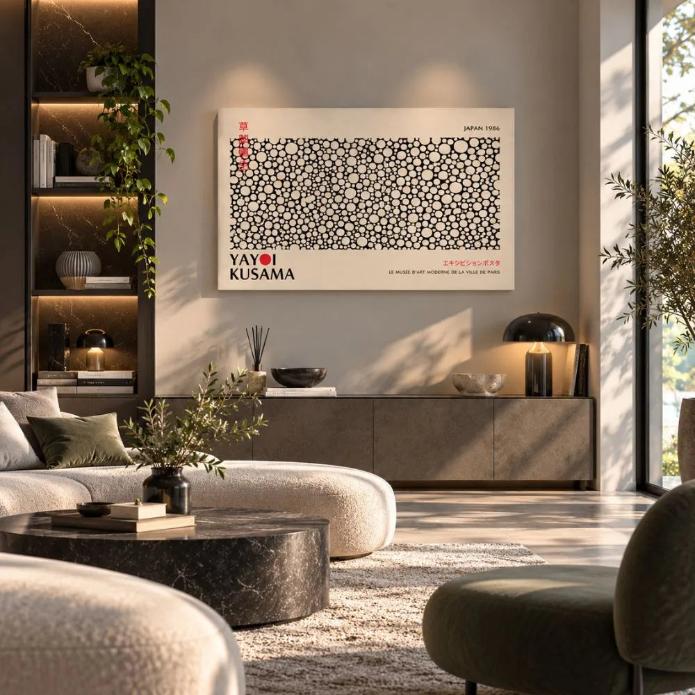 yayoi kusama ossessione monocromatica quadro su tela quadri moderni bianco nero soggiorno design minimal