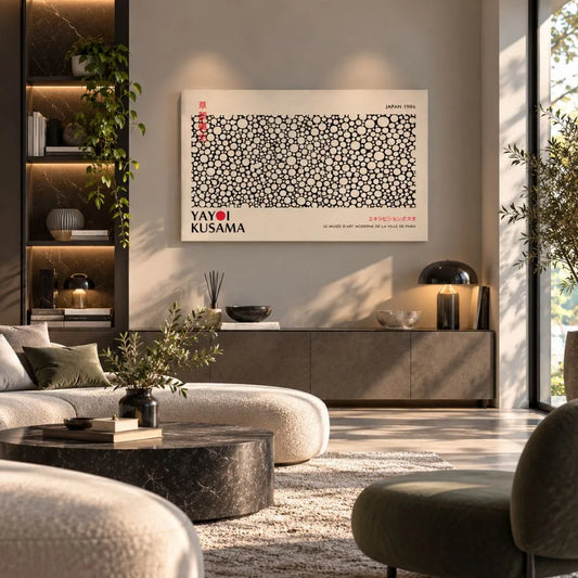 yayoi kusama ossessione monocromatica quadro su tela quadri moderni bianco nero soggiorno design minimal