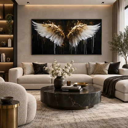 Ali del Destino quadro moderno su tela con grandi ali d’angelo bianche e dorate su sfondo nero, ideale per soggiorno moderno ed elegante