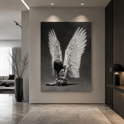 Angelo caduto dal cielo – quadro su tela verticale con figura angelica, stile moderno Made in Italy
