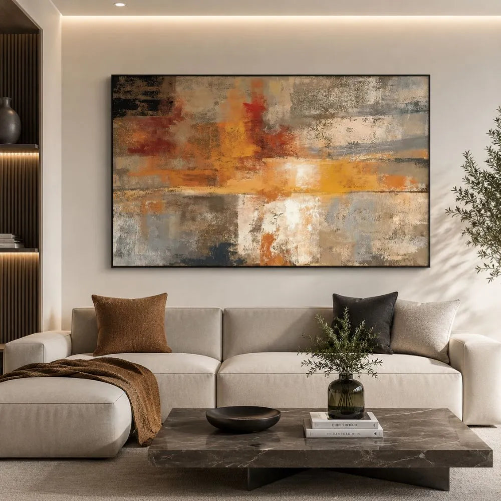 Quadro su tela Astratto Assoluto con cornice nera minimal e arte astratta moderna nei toni beige, grigio e arancio in soggiorno elegante
